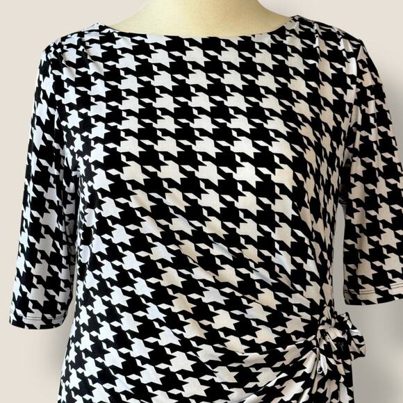 Kiara Houndstooth Half Sleeve Ruched Stretchy Sheath Dress Size L Black & White - Picture 3 of 13